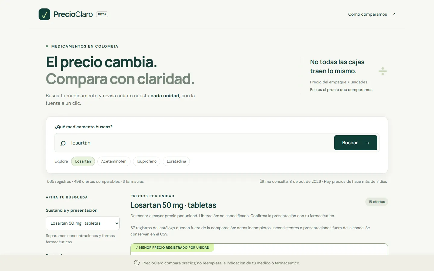 PrecioClaro: search for losartan with prices per unit