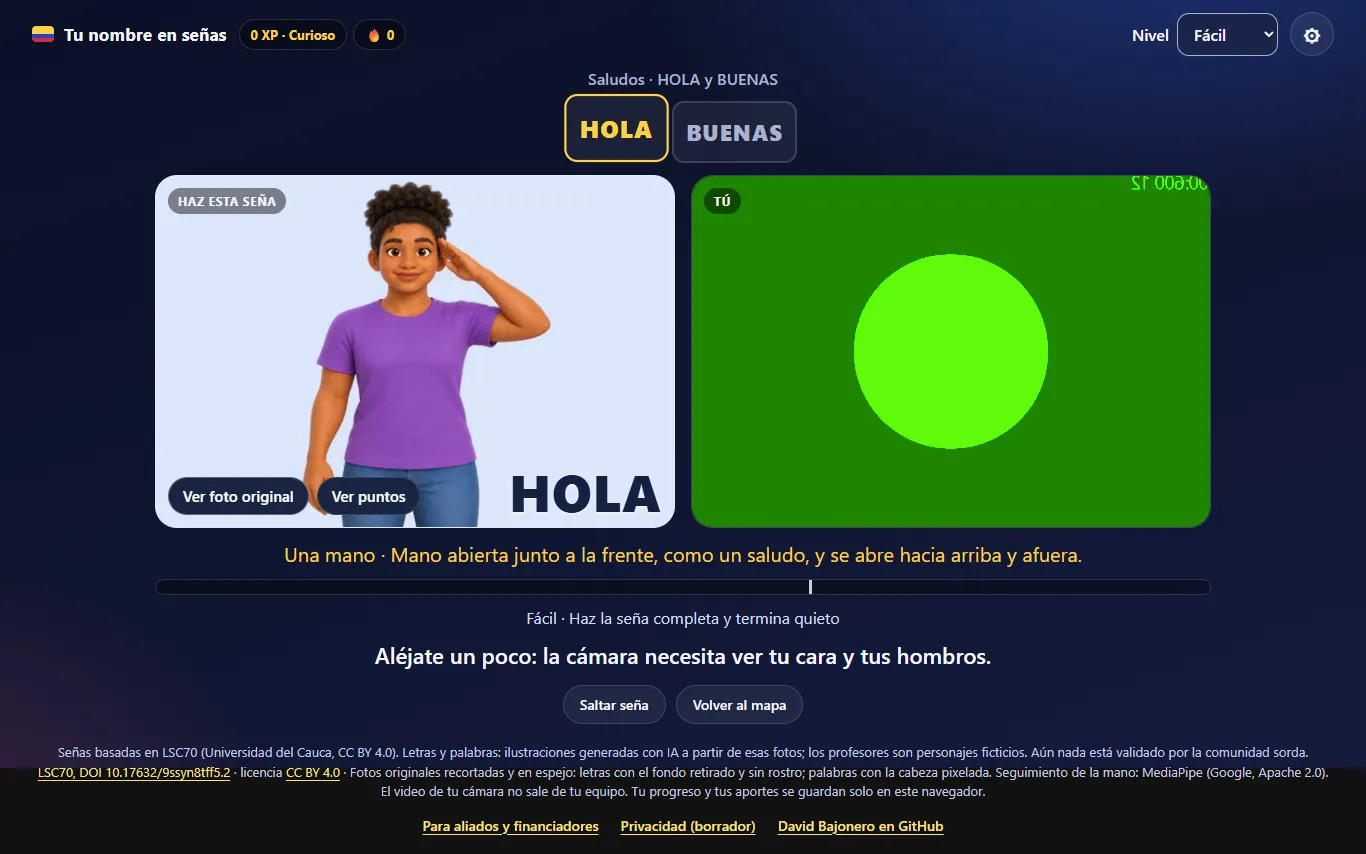 HOLA lesson in the Colombian Sign Language game